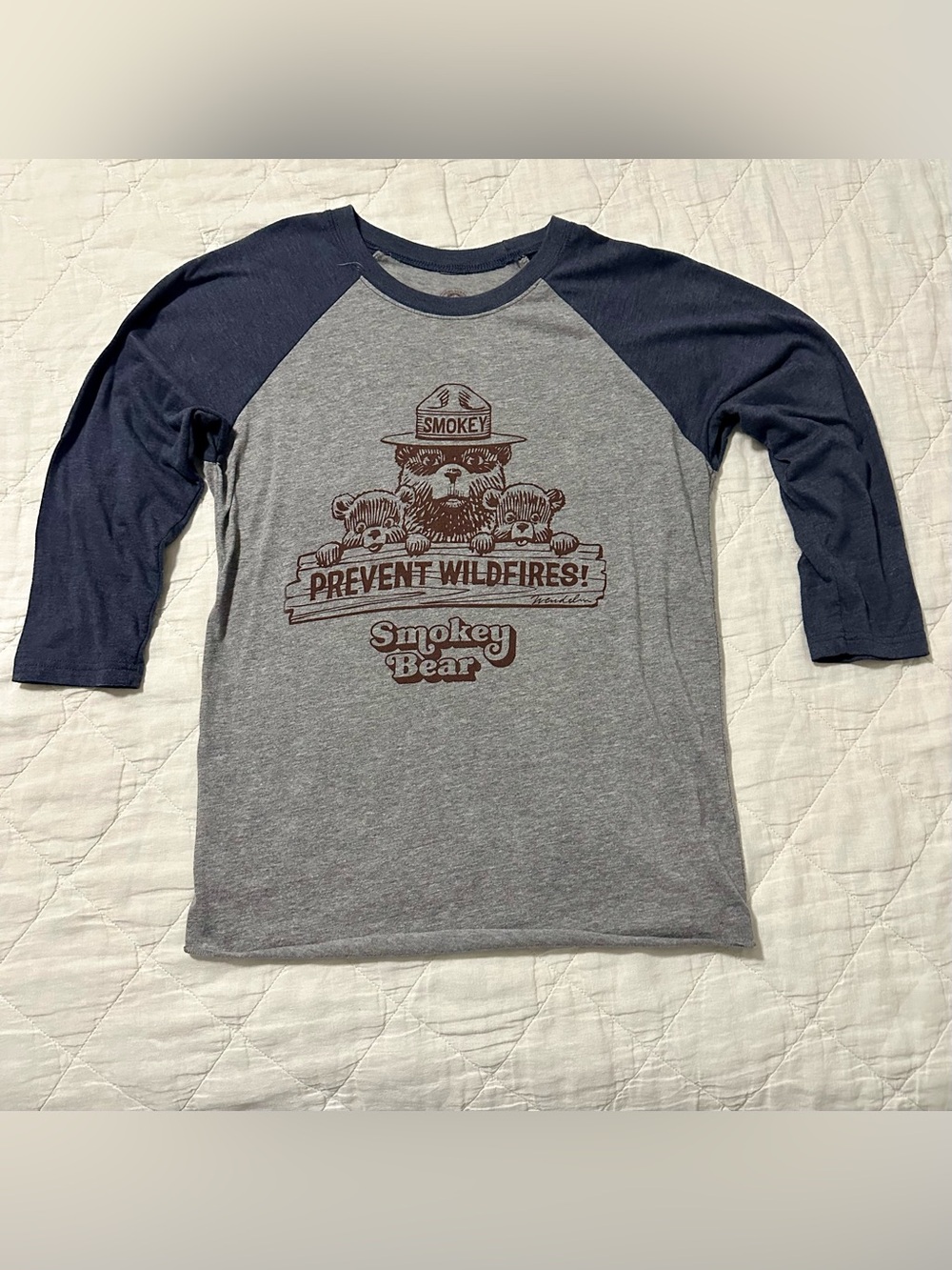Smokey Bear Raglan Tee in Heather Gray and Navy Medium